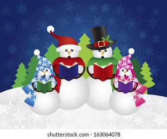 Snowman Family Christmas Carolers with Hats and Scarf Isolated on Snow Scene Background Vector Illustration
