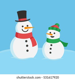 Snowman family Christmas illustration. Two cute cartoon snowmen, dad and child in scarves and hats.