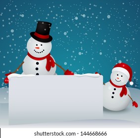 snowman family in Christmas winter scene with sign