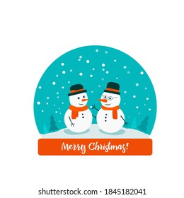 Snowman family. Flat bright vector illustration, cartoon doodle snowman couple, trees, flakes, snow in a glass globe. Christmas and New Year card.