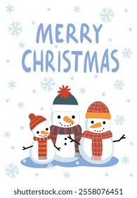 Snowman family mom, dad and baby on cute Christmas flat vector greeting card. Snow and snowflakes on white background.