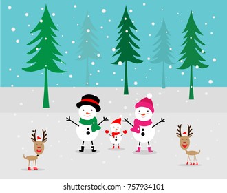 Snowman family and Reindeer in winter. - Illustration, Happy, Funny,Snow, Christmas, Scarf, Season,Cute