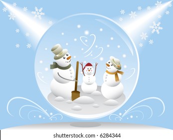 Snowman family in a snow globe.(vector)