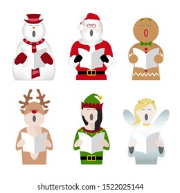 snowman, father Christmas, gingerbread man, reindeer, elf and fairy characters singing Christmas carols