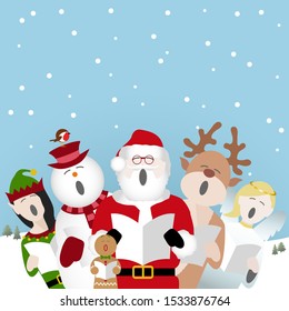 snowman, father Christmas, gingerbread man, reindeer, elf and fairy characters singing Christmas carols in the snow