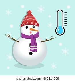 Snowman felling cold and looking to the thermometer