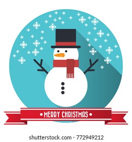Snowman. Festive and Christmas greeting card. Flat design.