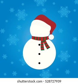  snowman. Festive and Christmas greeting card,Snowflakes blue background.