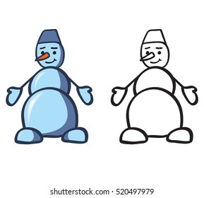 Snowman festive smiling person avatar vector.Christmas and New Year's greeting card with holiday symbols.Winter festive postcards.Winter holiday.Snowman with hands in mittens carrot instead of a nose.