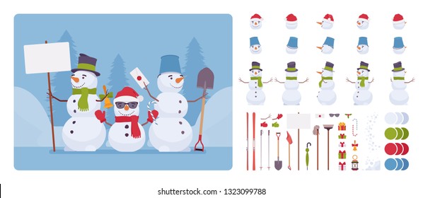 Snowman figure character set, outdoor Christmas ornament. Three cute holiday models made of snow. Vector illustration