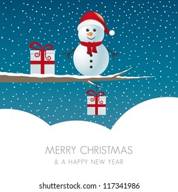 snowman figure on branch snowy winter landscape