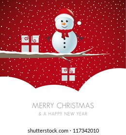 snowman figure on branch snowy winter landscape