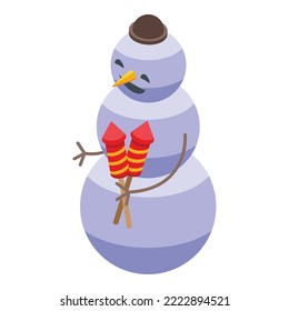 Snowman with fireworks icon isometric vector. Winter hat. Cute snowman