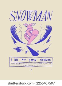 Snowman. Fisheye Illustration with a mohawk snowboarder riding down the mountain. Winter sports silkscreen vintage typography print vector illustration.