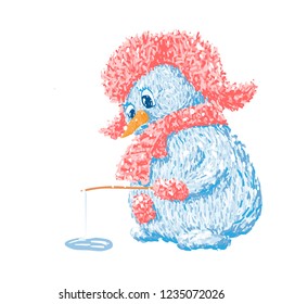 The snowman is fishing. Without background.