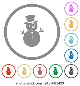 Snowman flat color icons in round outlines on white background