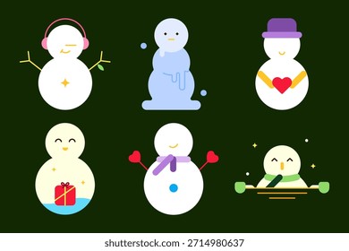Icono plano del muñeco de nieve fijado en diversas poses con la bufanda, sombrero, regalo y tema de las Navidades, Ilustración vectorial colorida