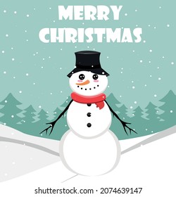 A snowman in a flat style with a hat and a scarf stands on the street and congratulates everyone on the holiday. Merry Christmas and Happy New Year. Celebration. Card. Winter and drifts. Snowfall. 