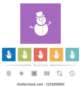 Snowman flat white icons in square backgrounds. 6 bonus icons included.