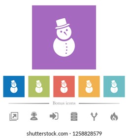 Snowman flat white icons in square backgrounds. 6 bonus icons included.
