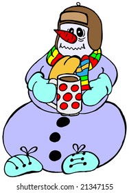 Snowman with flu and cup of hot tee