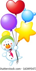 snowman flying with colorful balloons