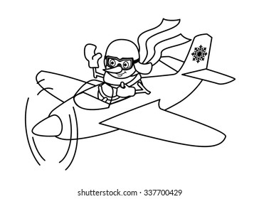 Snowman in a flying helmet at the controls of the plane