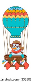 The snowman flying in a hot air balloon with gifts. Vector illustration