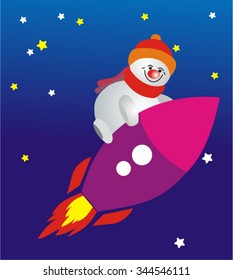 Snowman flying on a rocket. Character. Vector illustration