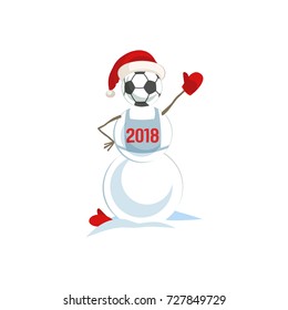Snowman with football ball icon. Colorful cute cartoon man from snow in father Santa Claus hat. Design idea for sport match, winter fun game or template season greeting card. Vector illustration