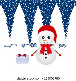 Snowman in a forest and a gift
