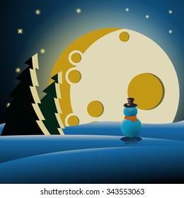 Snowman in the forest at night in the moonlight