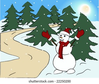 Snowman in forest - vector