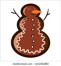 Snowman in the form of Christmas Gingerbread. Flat style icon with black outline. Symbol. Sign. Stock Vector Illustration. Transparent. White Isolated.