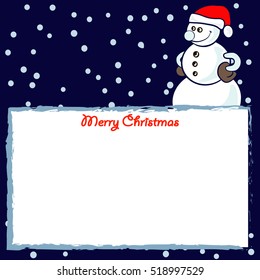 Snowman with Frame on snowfall background. element for invitation and greeting cards, banners, posters etc.
