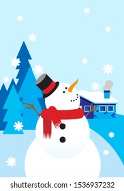 snowman in front of pine tree christmas greeting card vector design