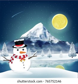 snowman in front of winter lake with big mountain