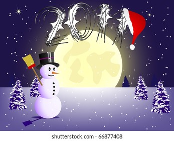 Snowman at full moon
