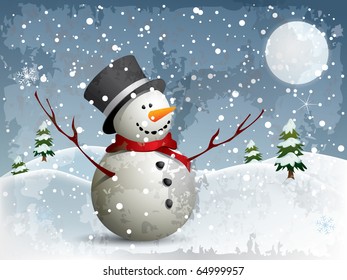 Snowman in a full moon night background