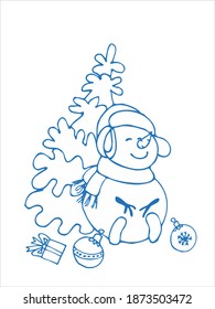 Snowman funny character sitting near a fluffy snow-covered fir tree in a hat and a scarf dreaming happy. Nearby are a gift and decorations for the Christmas tree. Blue line sketch isolated on white.