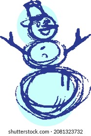 Snowman funny decoration made from snow vector. Snowball ice man christmas wintertime figure decorated carrot nose and hand tree branch. Xmas celebration frosty ornament flat cartoon illustration