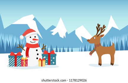 Snowman and funny deer on the background of a winter mountain landscape with a forest and a snow-covered field. Christmas and New Year design greeting cards