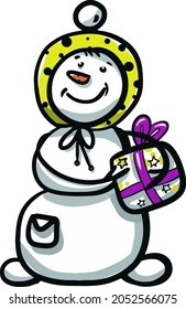 A snowman in a funny hat rejoices at a gift