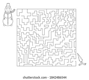 Snowman game. Vector linear illustration of maze game with cute Snowman for children