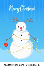 Snowman with garlands. Greeting card on blue background. Illustration in flat cartoon style