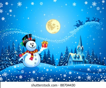 Snowman getting gift in Christmas night with Santa sleigh far in the sky
