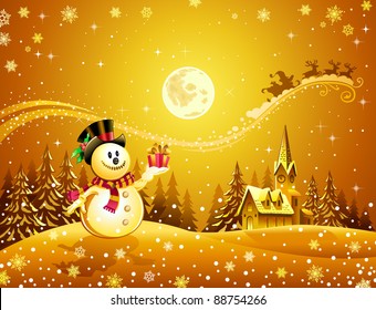 Snowman getting gift in Christmas night with Santa sleigh far in the sky