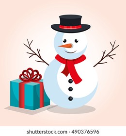 snowman and gift blue bow design isolated