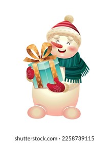 Snowman with gift box. Charming and friendly character with present and surprise. Winter holidays and festivals, New Year and Christmas. Culture and traditions. Cartoon flat vector illustration