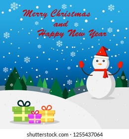 Snowman and gift box with falling snow merry christmas and happy new year,vector design.